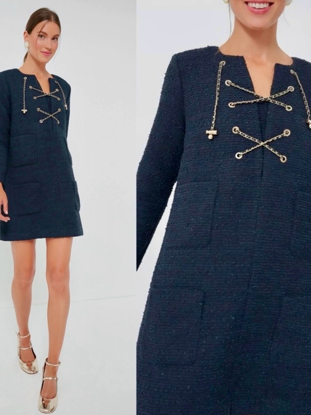 Tuckernuck Navy Tweed Shift Dress with Gold Chain Detail